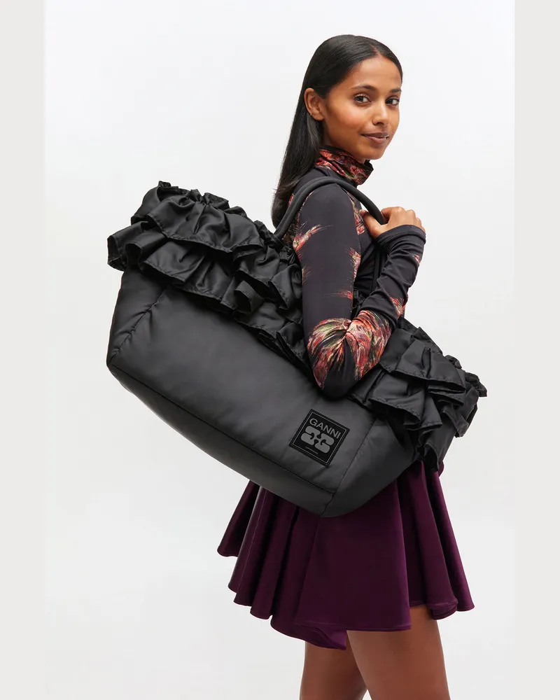 Ganni Schwarze XXL-Tragetasche mit Rüschen schwarz 