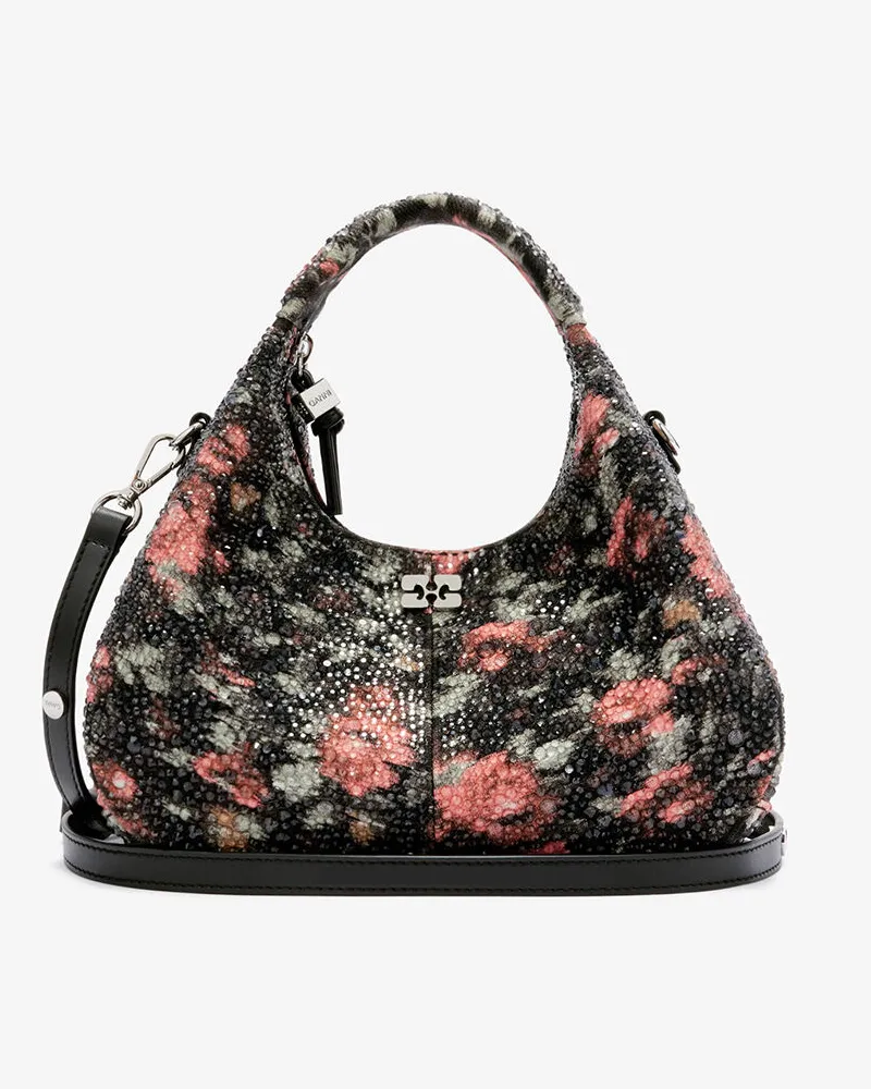 Ganni Mini-Hobo-Tasche mit Perlenblumenmuster schwarz Schwarz