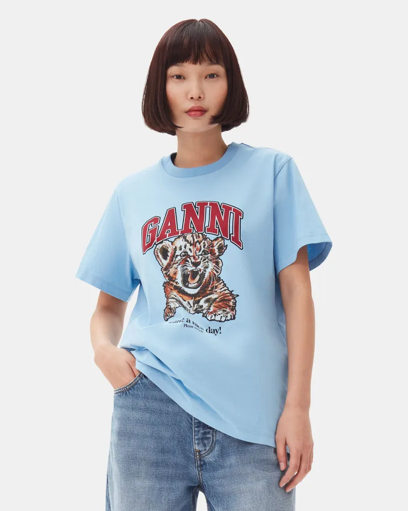 Ganni Blissful blau Blaues, lockeres Basic-T-Shirt Tiger aus Jersey Baumwolle - Größe Blissful