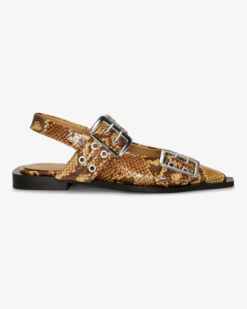 Ganni Feminine Ballerinas mit Schnalle aus braunem Schlangenimitat braun Braun