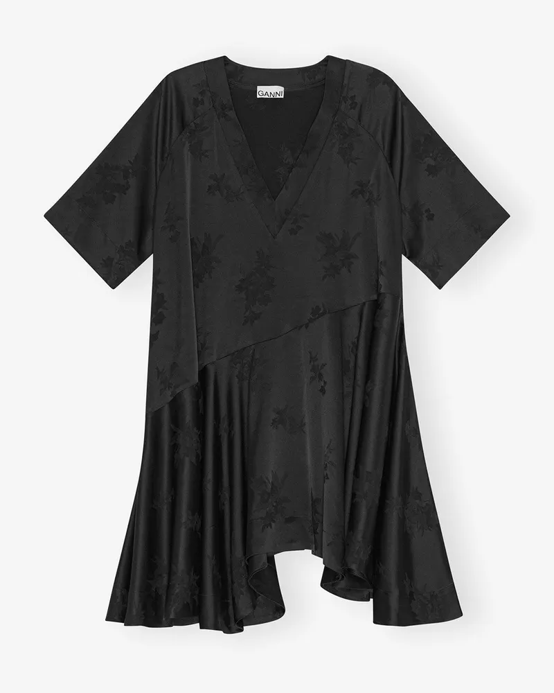 Ganni Schwarzes geblümtes Satin-Jacquard-Minikleid in Oversize-Passform schwarz Schwarz