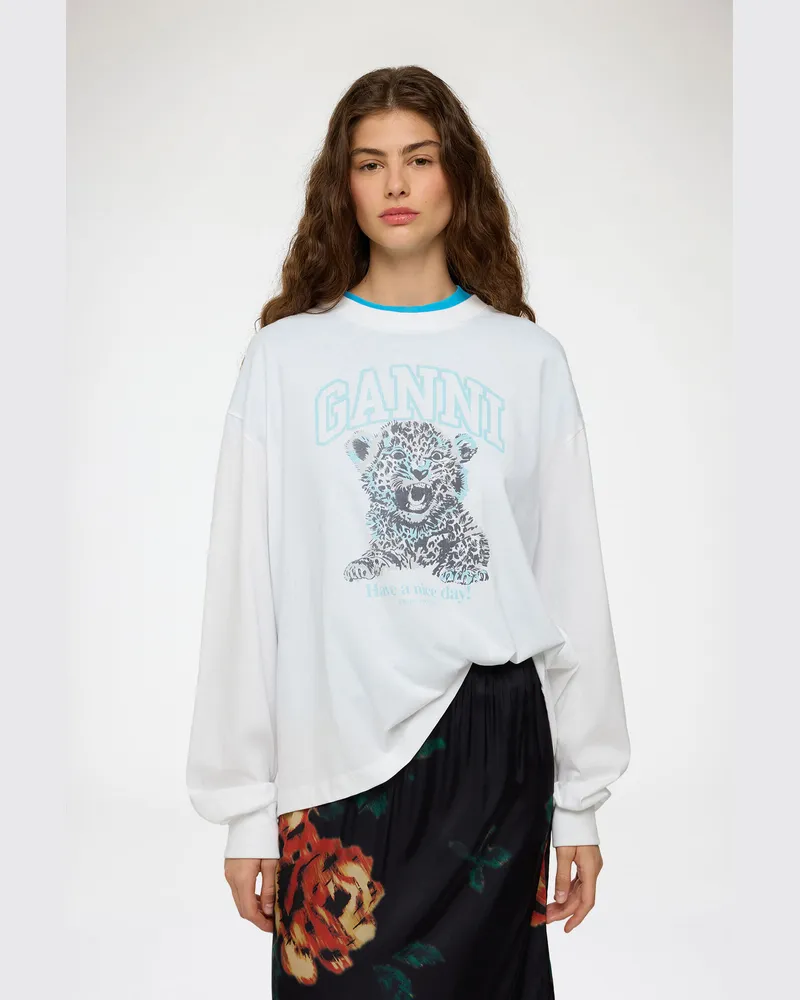 Ganni weiß Langarm-T-Shirt mit blauem Tiger Bio-Baumwolle - Größe Weiß