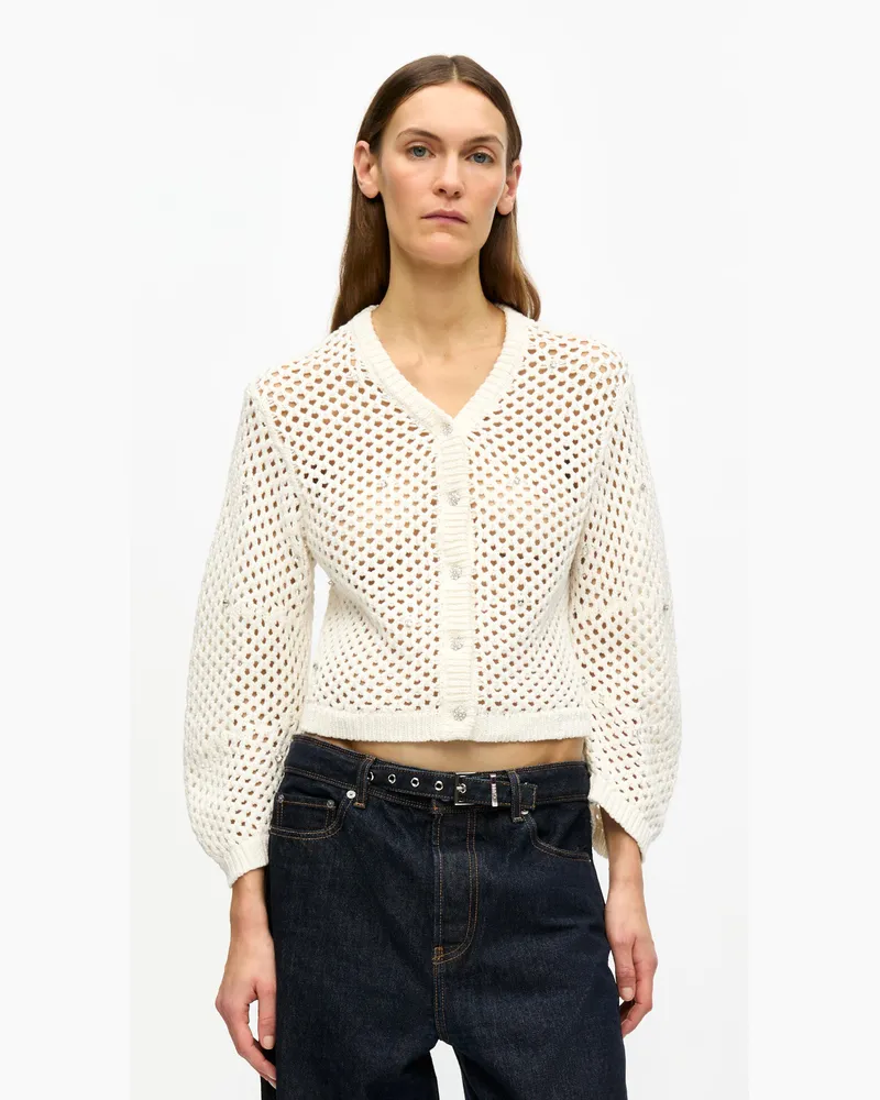 Ganni weiß Cremefarbener Pointelle-Cardigan aus Baumwolle mit Strass - Größe Weiß