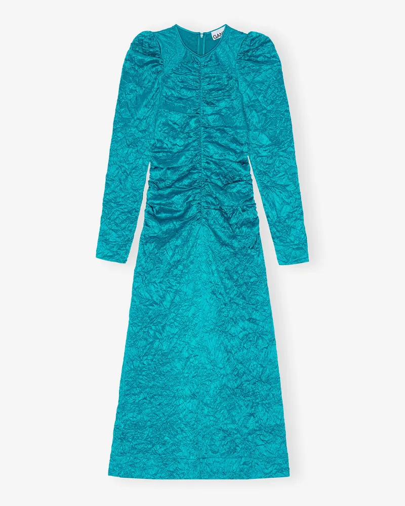 Ganni Midi-Kleid aus blauem Satin in Knitteroptik mit O-Ausschnitt - Größe blau Blau