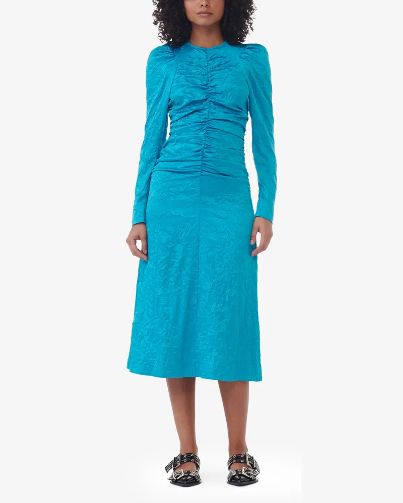 Ganni Midi-Kleid aus blauem Satin in Knitteroptik mit O-Ausschnitt - Größe blau Blau