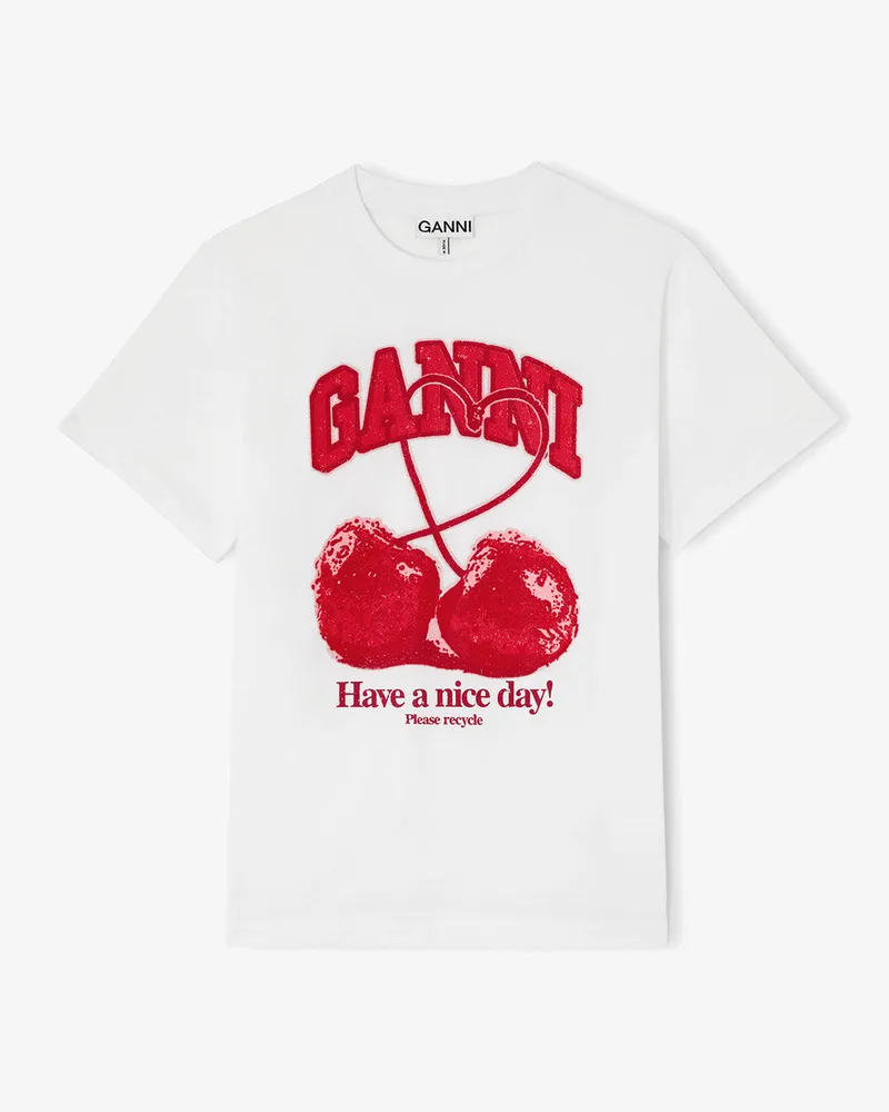 Ganni weiß T-Shirt mit Kirsche Bio-Baumwolle - Größe Weiß