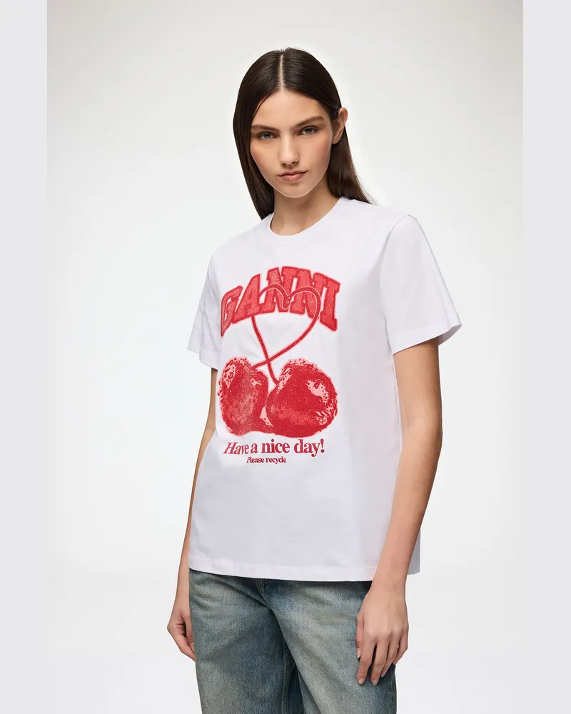 Ganni weiß T-Shirt mit Kirsche Bio-Baumwolle - Größe Weiß