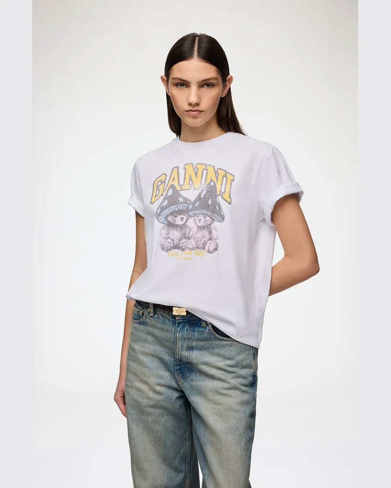 Ganni weiß T-Shirt mit Pilz-Teddy Bio-Baumwolle - Größe Weiß