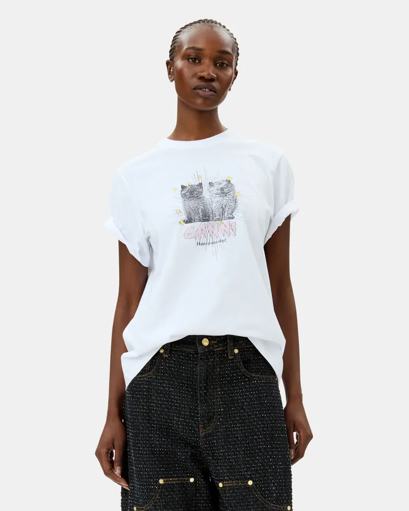 Ganni weiß Basic Jersey Kittens Relaxed T-Shirt Baumwolle - Größe Weiß