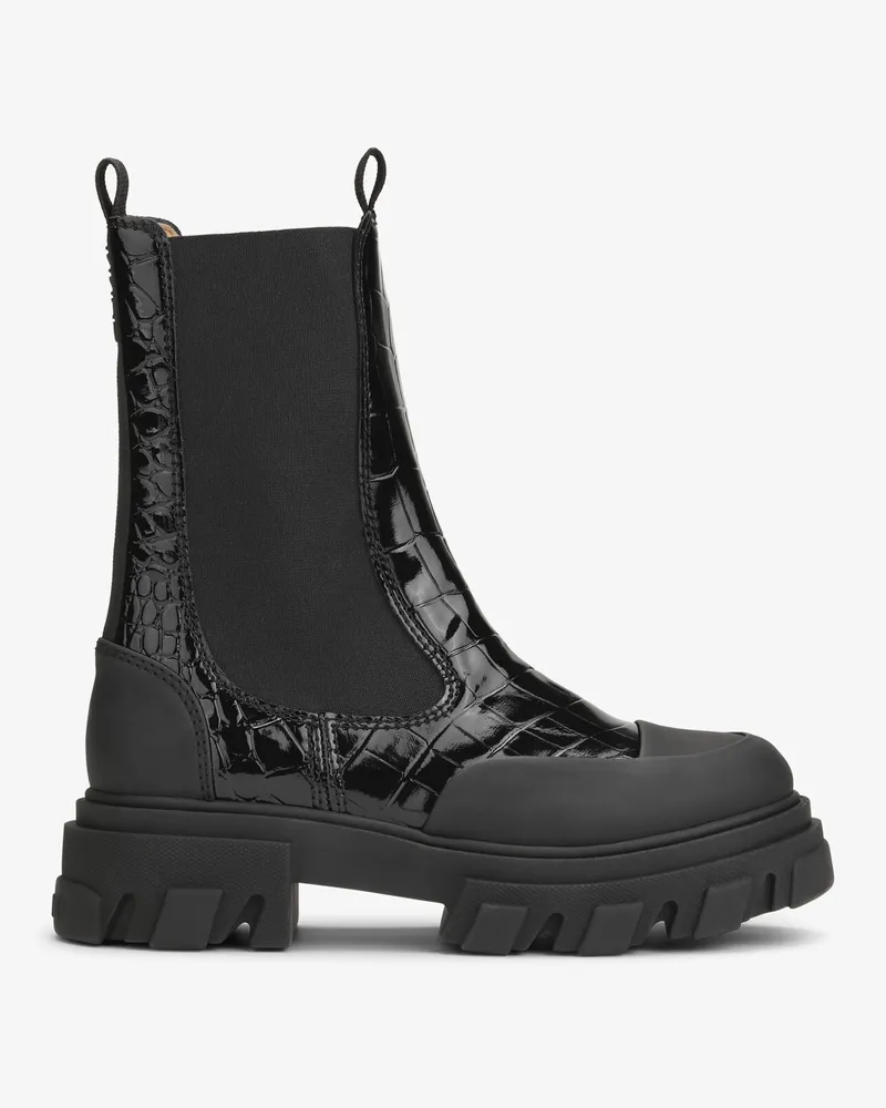 Ganni Schwarze Patent Croco Chelsea Boots schwarz Schwarz