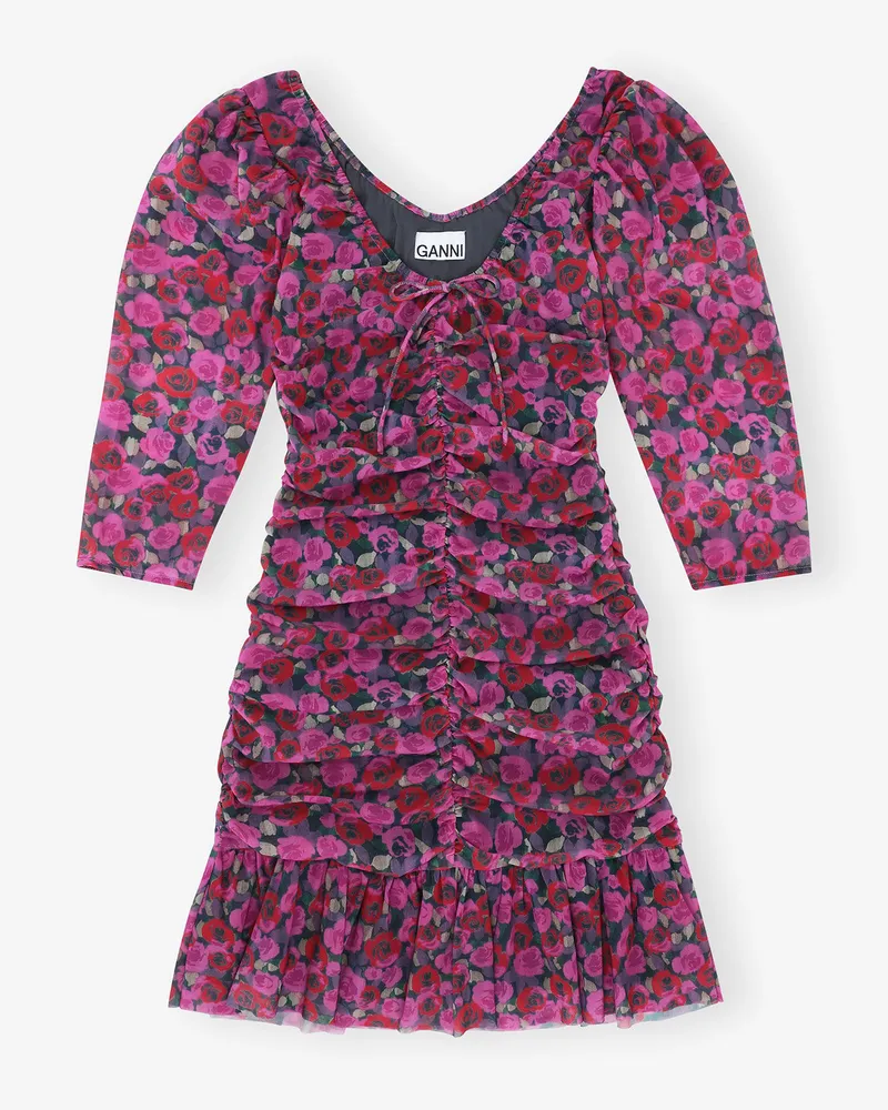Ganni Fiji Flower Blumiges Mesh Mini-Kleid mit Volants und Raffung Recycelte Nylon - Größe Fiji