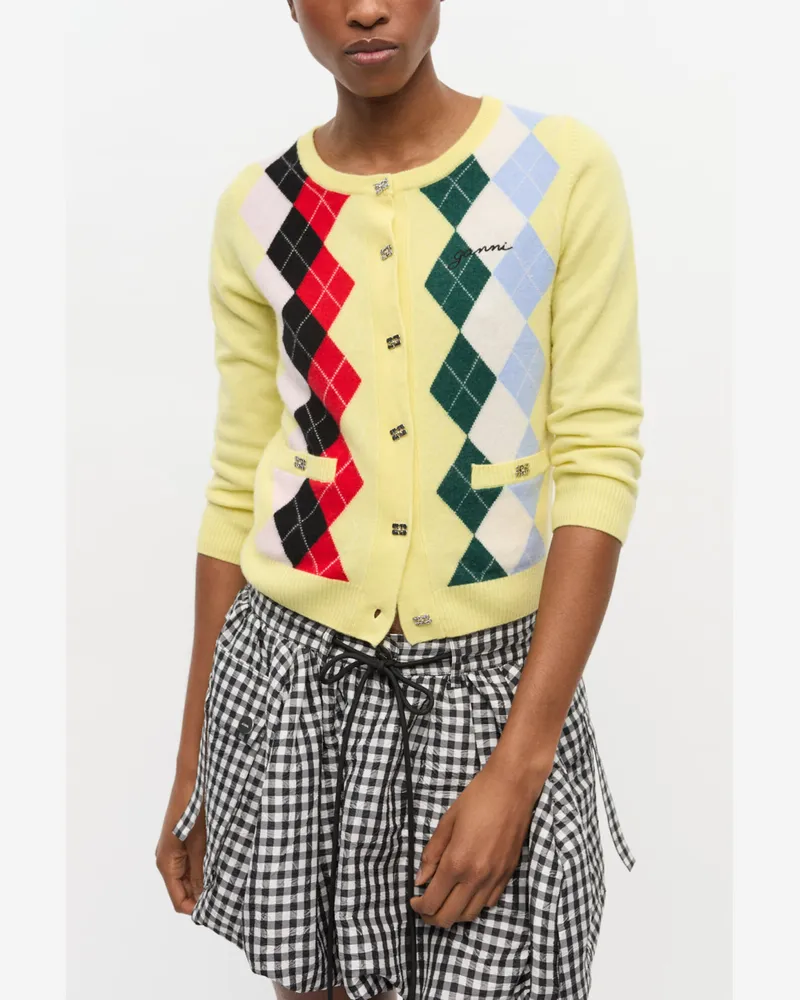 Ganni gelb karierte Strickjacke Merino Wolle - Größe Gelb