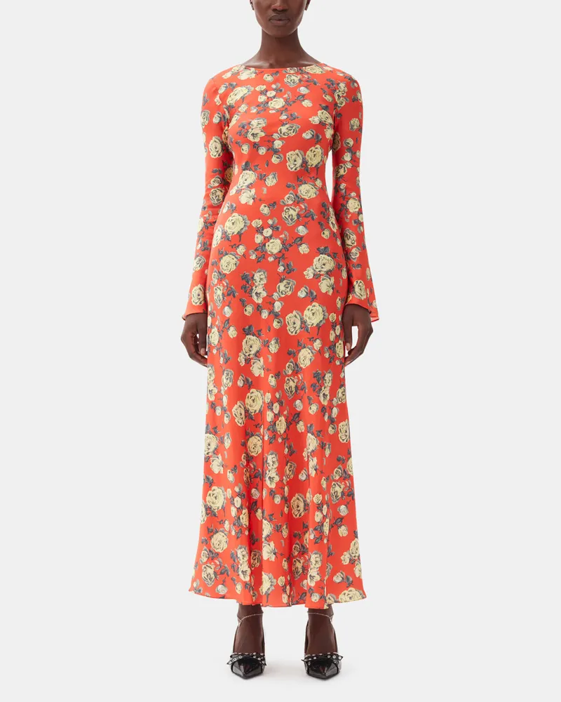 Ganni rot Maxi-Kleid aus Satin mit orangefarbenem floralem Print Viskose - Größe Rot