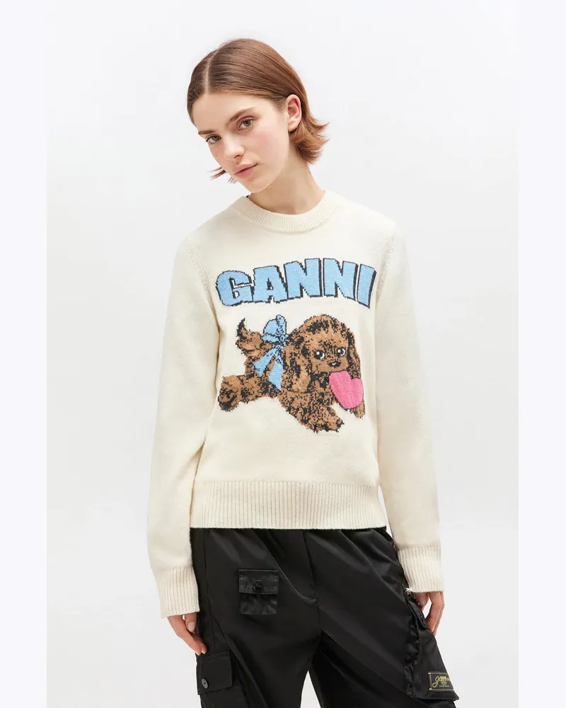 Ganni Elfenbeinfarbener Wollpullover mit Welpenprint - Größe weiß Weiß