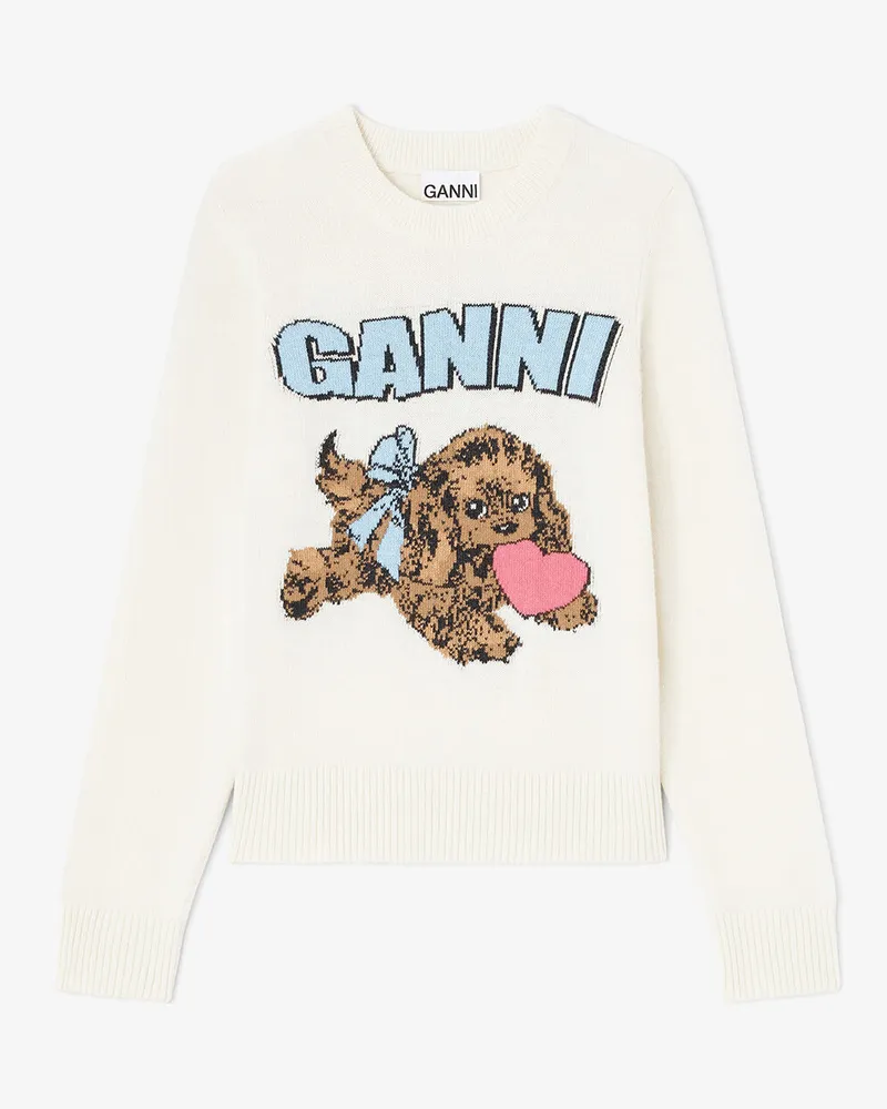 Ganni Elfenbeinfarbener Wollpullover mit Welpenprint weiß Weiß