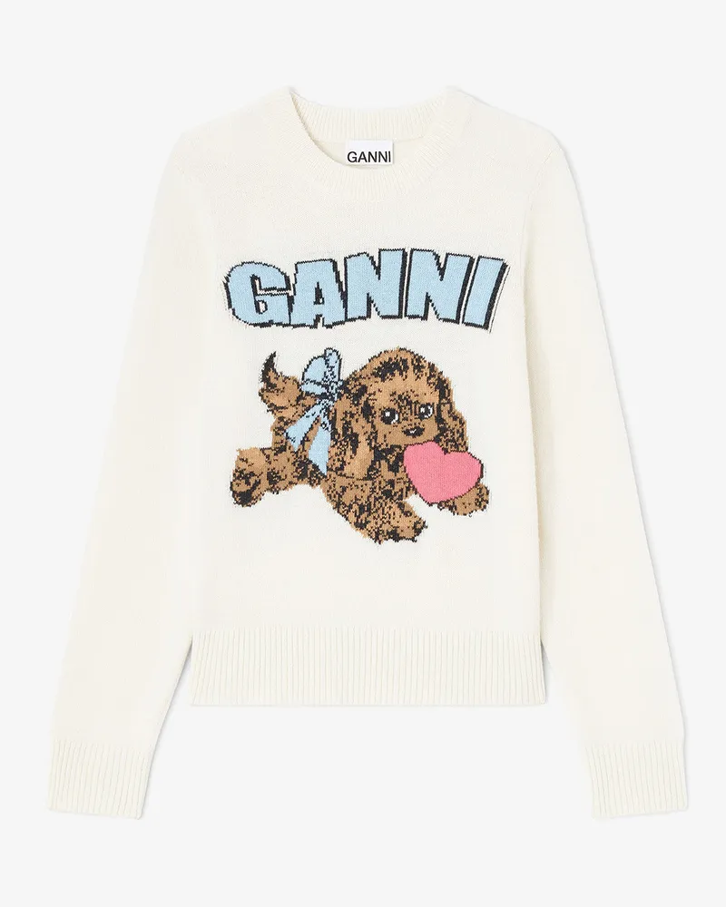Ganni Elfenbeinfarbener Wollpullover mit Welpenprint weiß Weiß