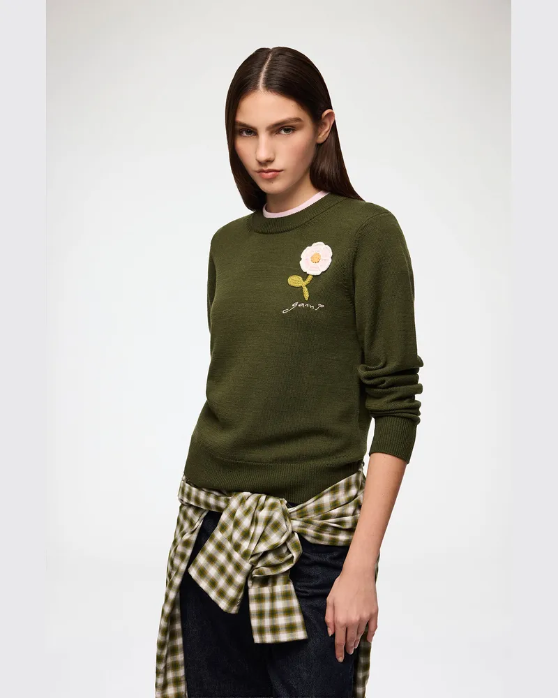 Ganni grün Pullover mit Blumen-Häkeldesign Wolle - Größe Grün