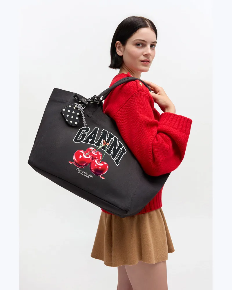 Ganni Schwarze mittelgroße Tragetasche mit Kirschenmotiv gemischt 