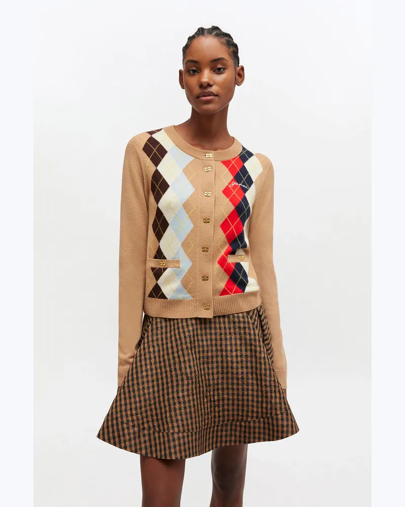 Ganni beige Strickjacke mit Karomuster Wolle - Größe Beige
