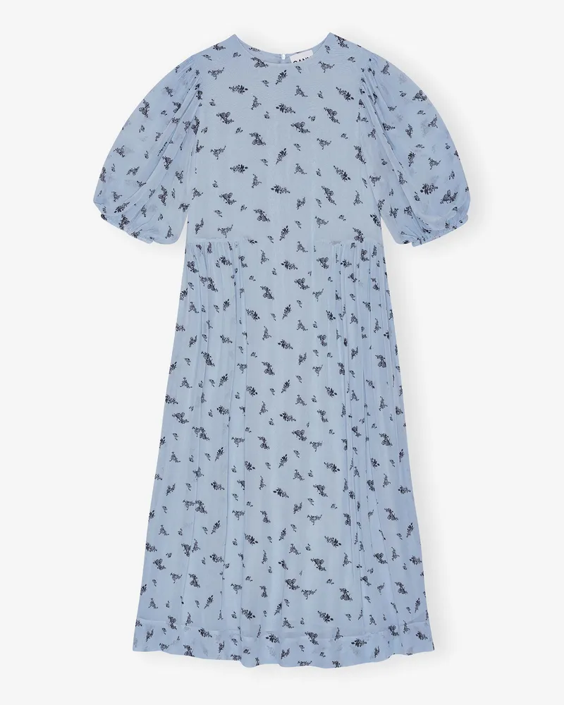 Ganni blau Bedrucktes Georgette Midikleid mit Puffärmeln Viskose - Größe Blau