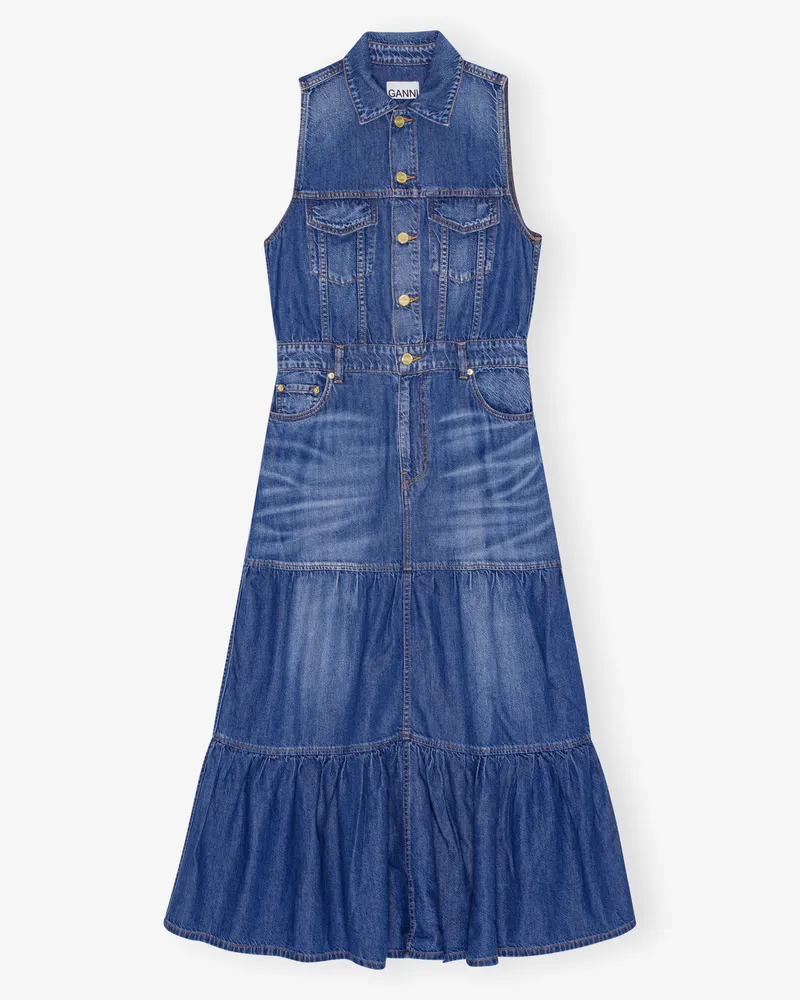 Ganni blau Langes Kleid aus blauem Denim Bio-Baumwolle - Größe Blau