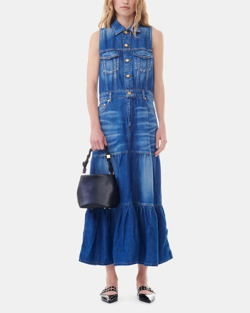 Ganni blau Langes Kleid aus blauem Denim Bio-Baumwolle - Größe Blau