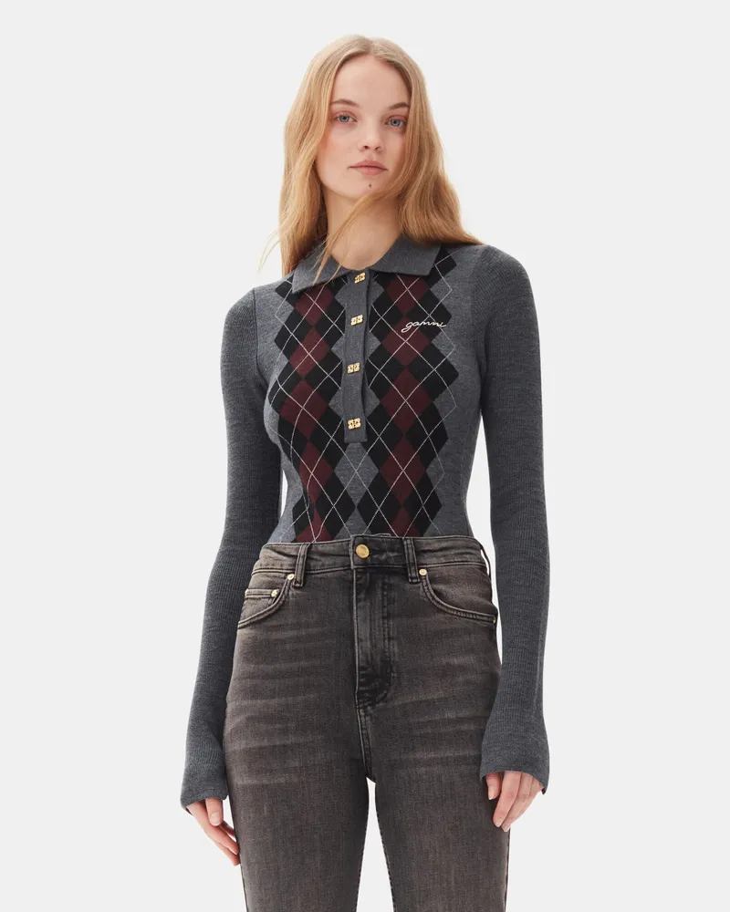 Ganni grau Gestricktes Polohemd in Merino Wolle - Größe Grau