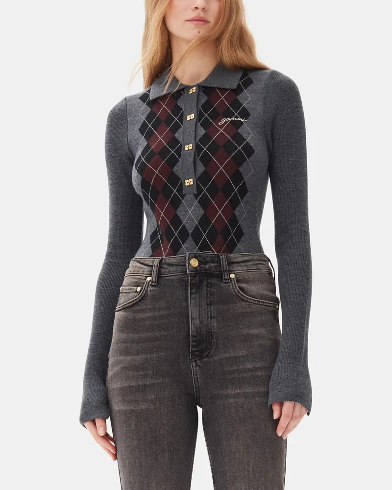 Ganni grau Gestricktes Polohemd in Merino Wolle - Größe Grau