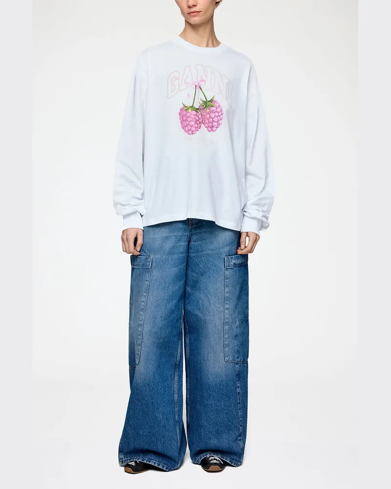 Ganni weiß Langärmeliges T-Shirt mit Himbeeren Bio-Baumwolle - Größe Weiß