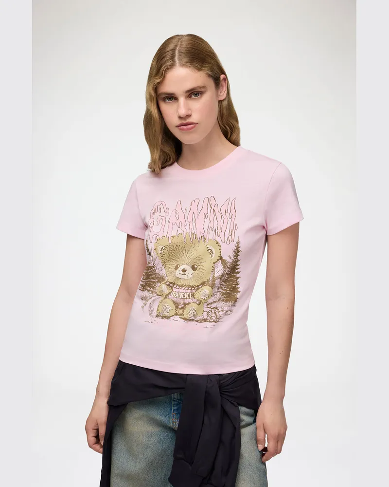 Ganni rosa T-Shirt im Baby Fit mit Wald-Teddy Bio-Baumwolle - Größe Rosa