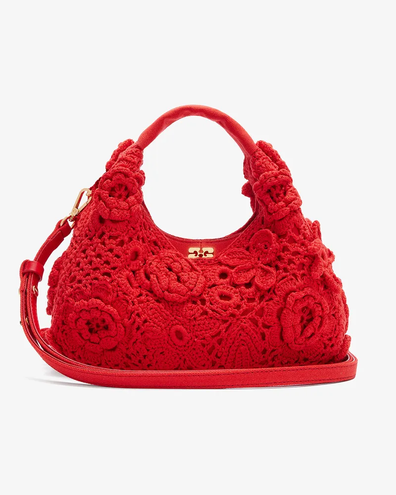 Ganni Mini-Hobo-Tasche aus Häkelstoff in Rot Goji Berry Goji