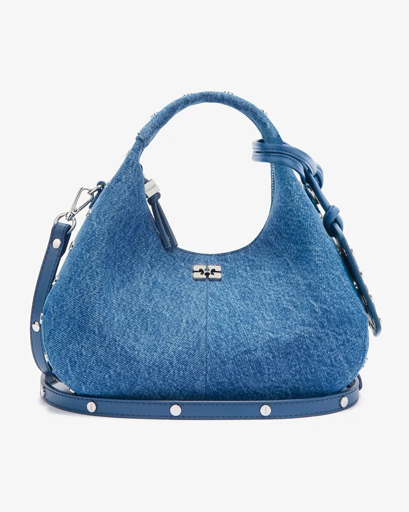Ganni Mini-Hobo-Tasche mit Nieten in Denim blau Blau