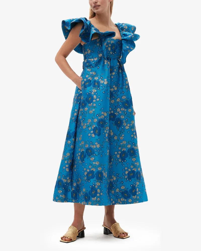 Ganni Midi-Kleid mit Rüschen aus 3D Jacquard - Größe blau Blau