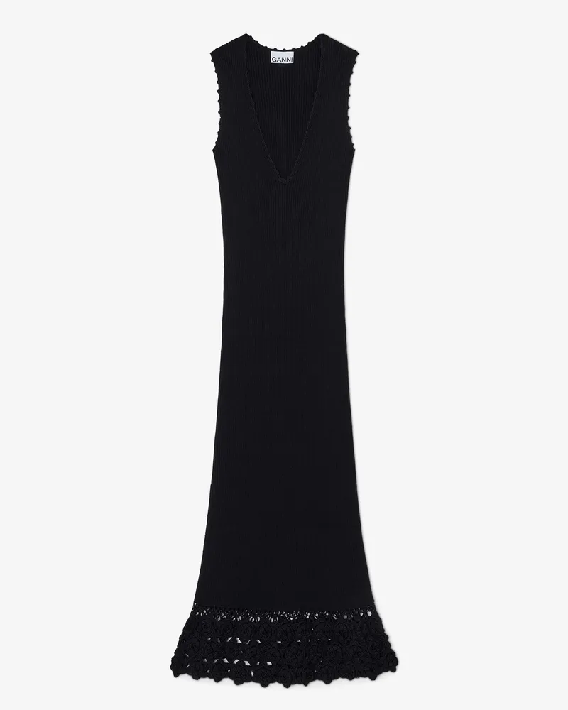 Ganni Long Dress in Cotton Crochet schwarz Schwarz
