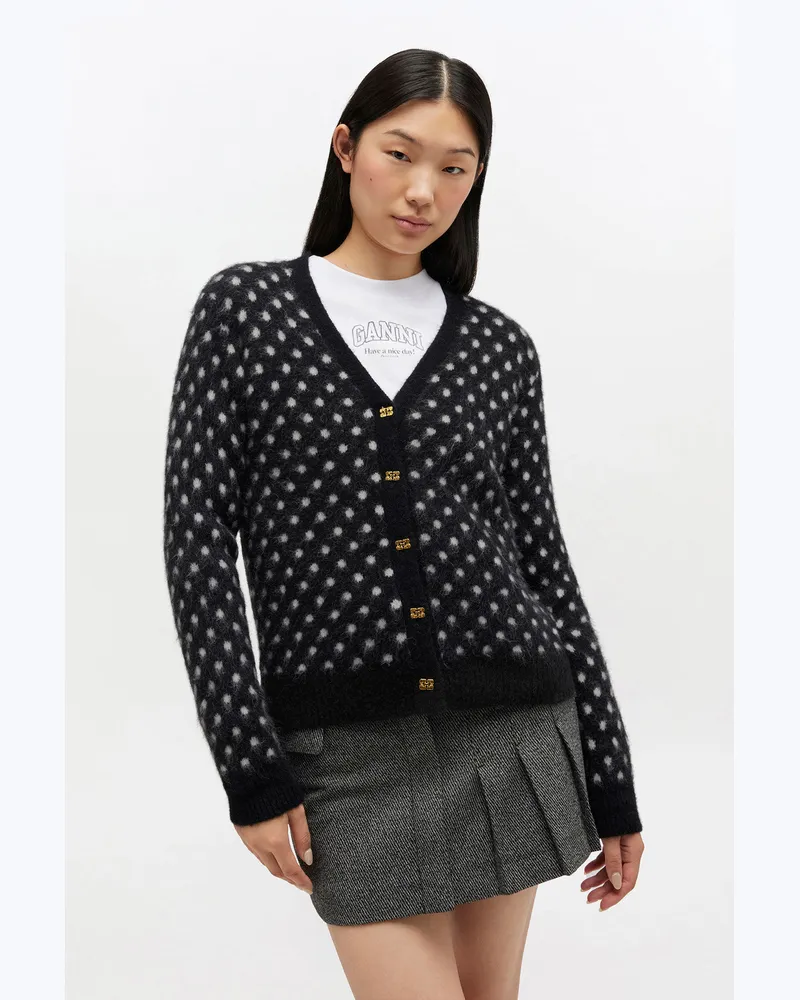 Ganni Gebürstete Strickjacke mit Polka-Muster schwarz Schwarz