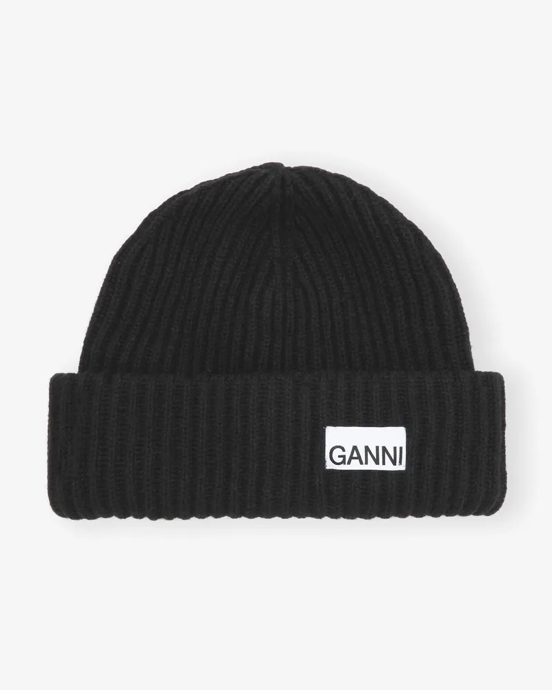 Ganni Oversized Woll-Rippstrickmütze schwarz Schwarz