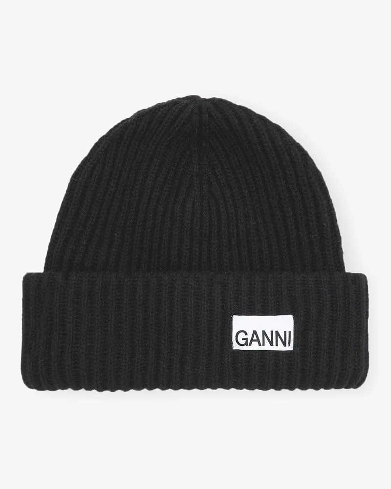 Ganni Oversized Woll-Rippstrickmütze schwarz Schwarz