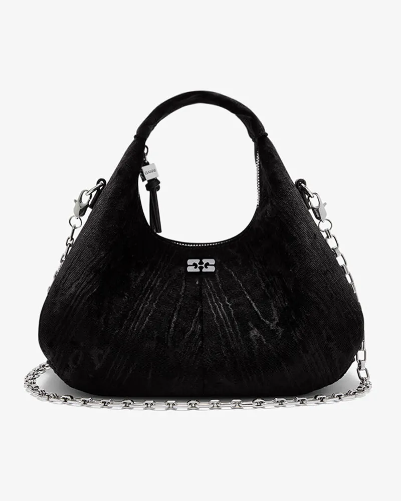 Ganni Mini-Hobo-Tasche aus Samt mit Moiré-Effekt schwarz Schwarz