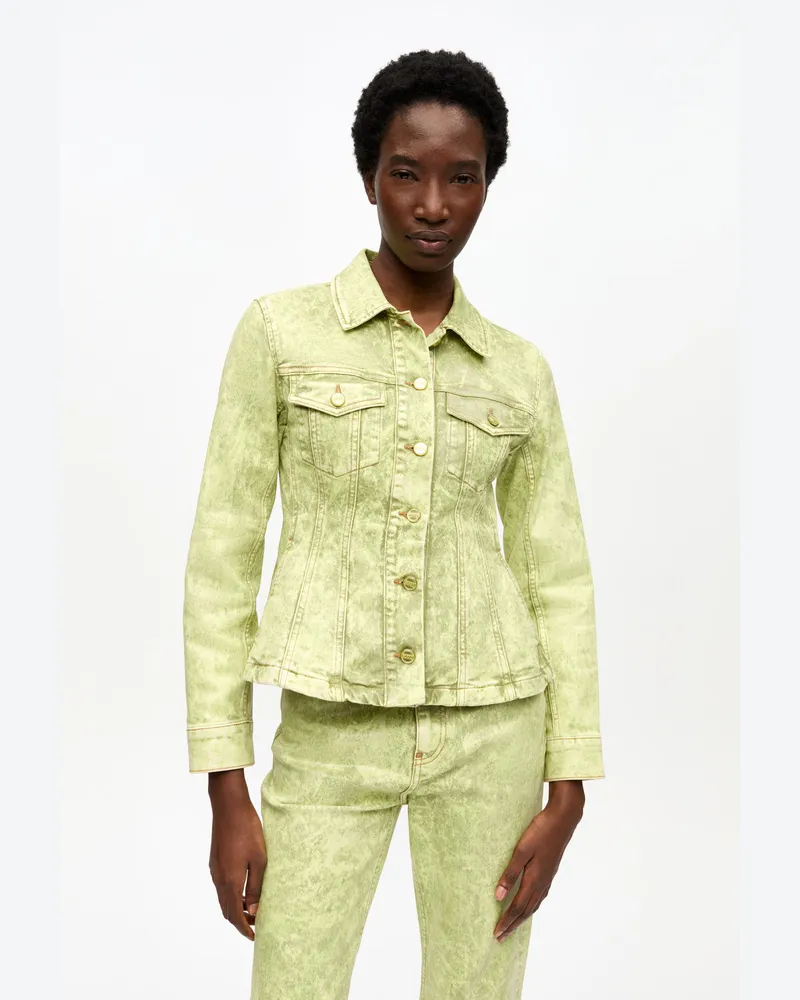 Ganni goldfarbenen Cypress Grün überfärbter Jeansblazer aus Folienstoff Baumwolle - Größe Goldfarbenen