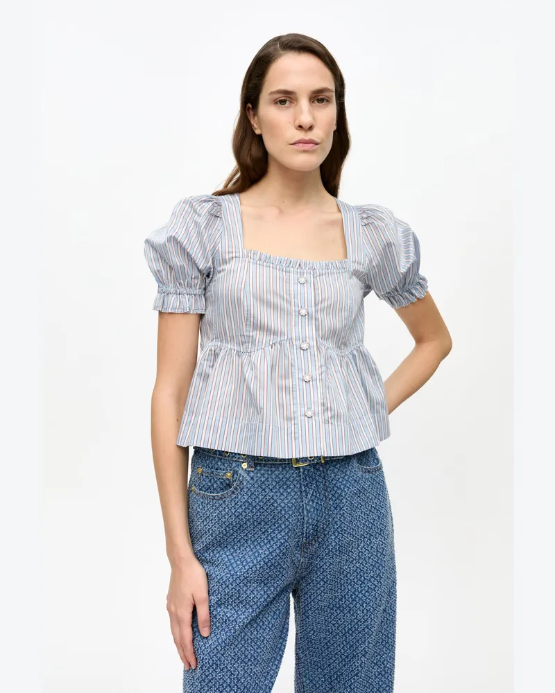Ganni Streifenbluse mit kurzen Ärmeln blau Blau