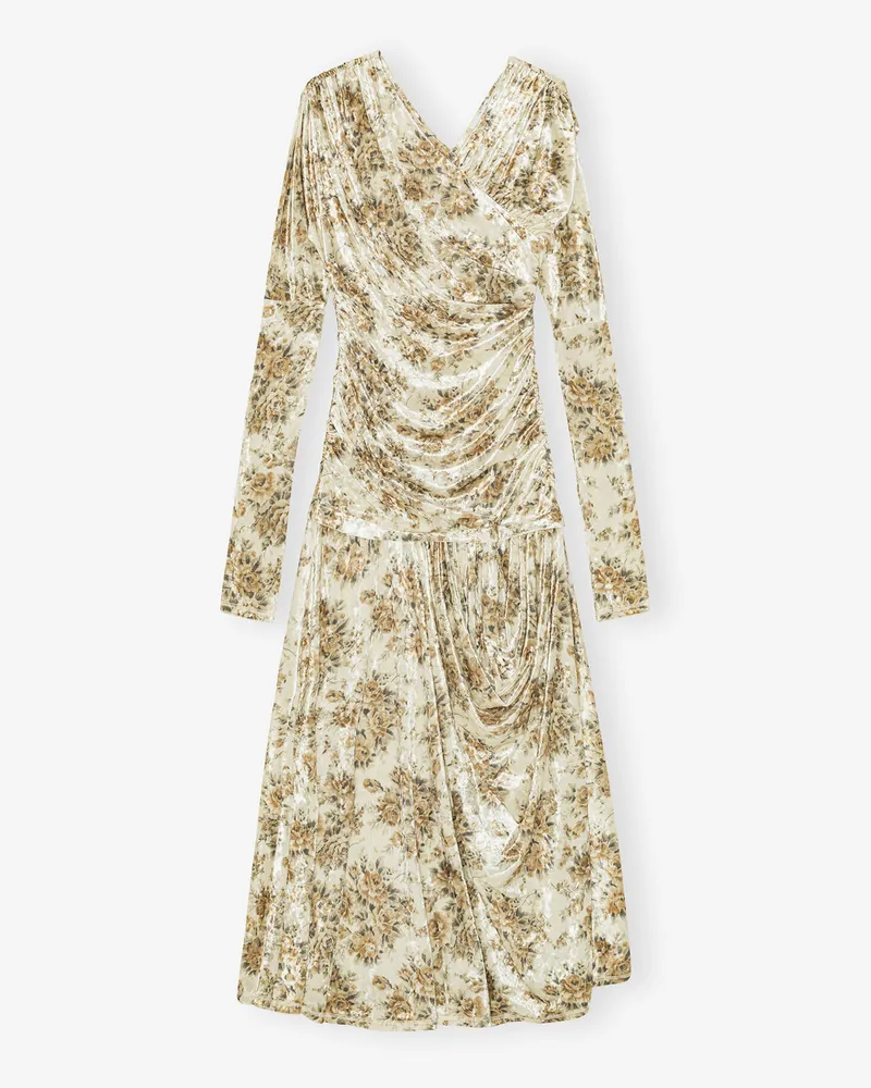 Ganni Kleid mit Blumenprint in goldfarbenoptik und Raffungen - Größe beige Beige