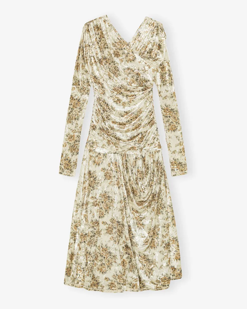 Ganni Kleid mit Blumenprint in goldfarbenoptik und Raffungen - Größe beige Beige