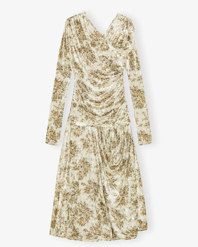 Ganni Kleid mit Blumenprint in goldfarbenoptik und Raffungen - Größe beige Beige
