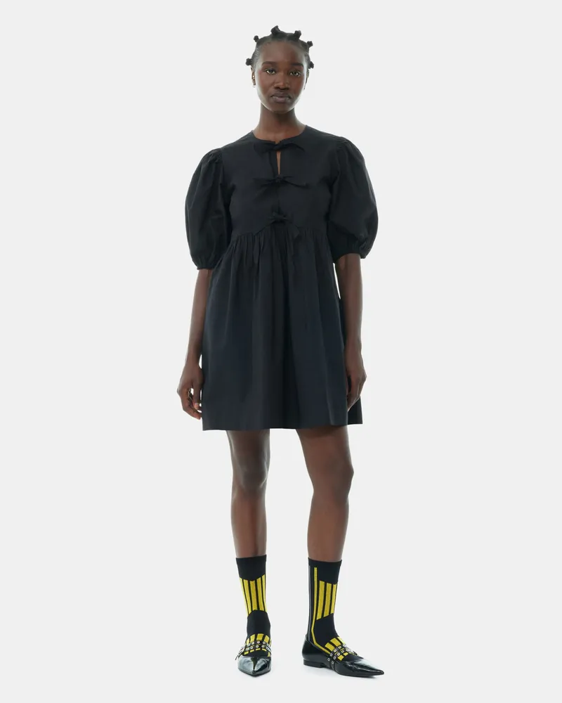 Ganni schwarz Schwarzes Minikleid aus Baumwollpopeline mit Bindebändern Baumwolle - Größe Schwarz