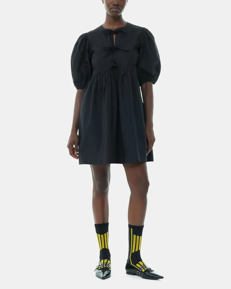 Ganni schwarz Schwarzes Minikleid aus Baumwollpopeline mit Bindebändern Bio-Baumwolle - Größe Schwarz