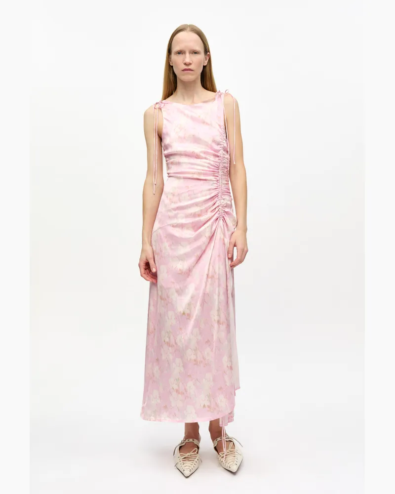 Ganni rosa bedrucktes Satinkleid mit Raffung Viskose - Größe Rosa