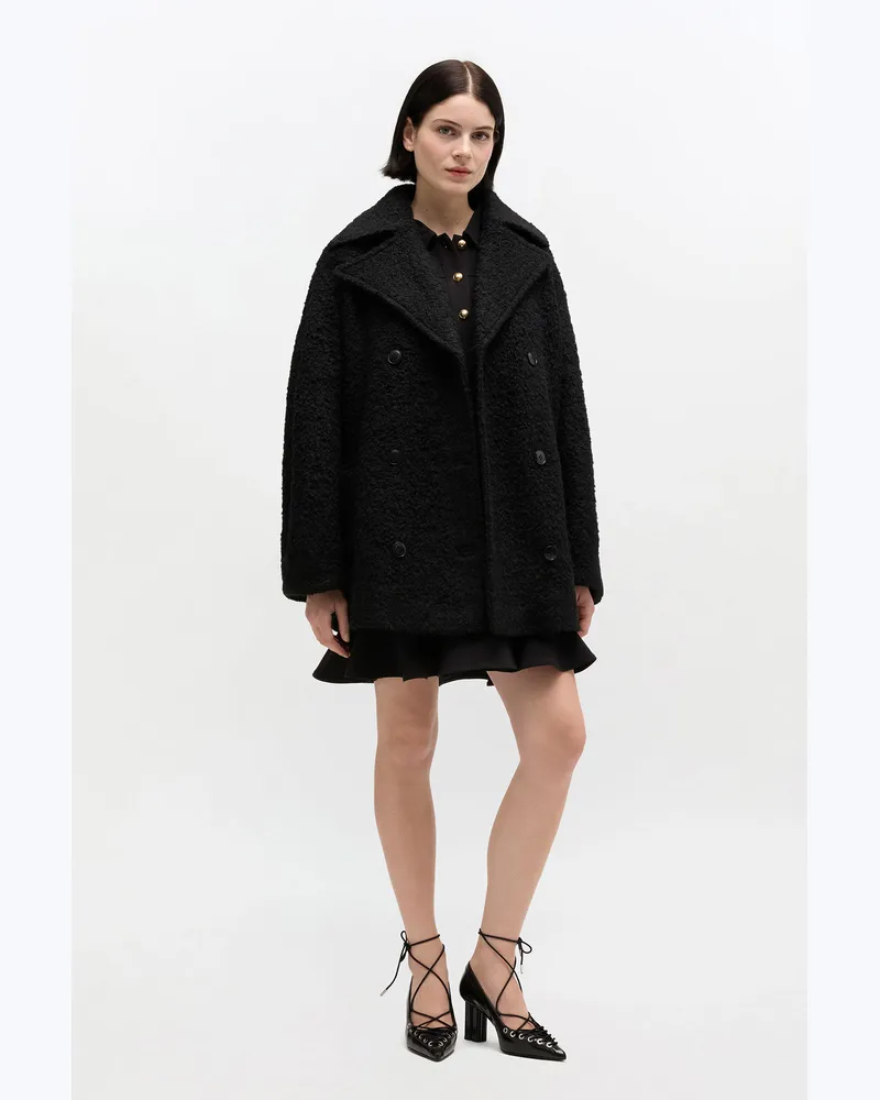 Ganni Schwarzer, mittellanger Bouclé-Mantel schwarz Schwarz