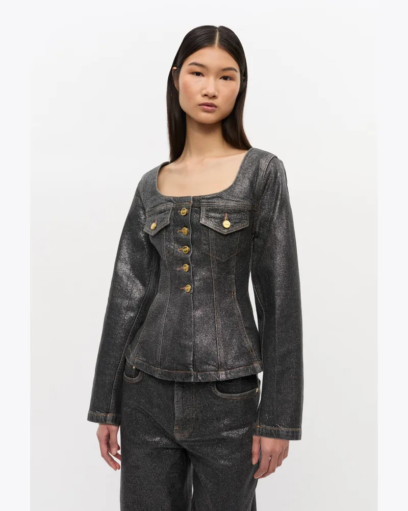 Ganni schwarz Jeansblazer mit schimmernder Folie Bio-Baumwolle - Größe Schwarz