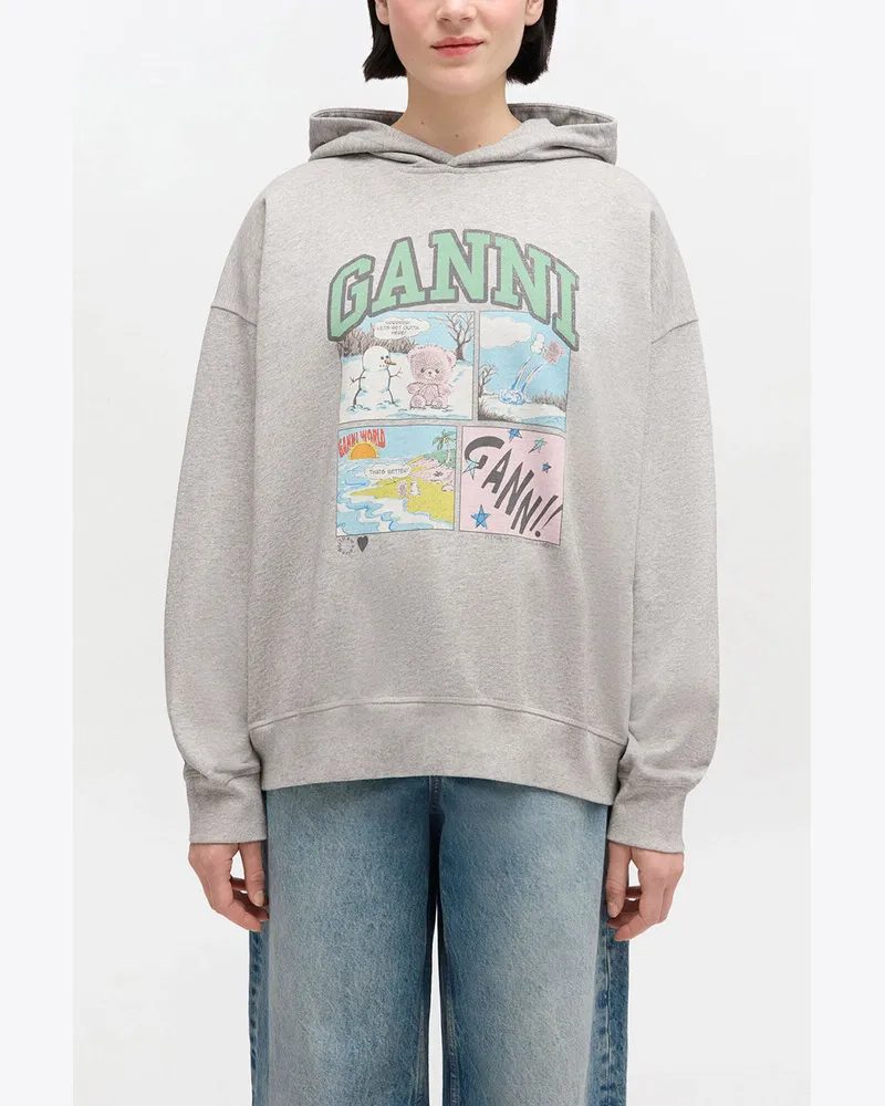 Ganni grau Grauer Hoodie mit Bären-Comic-Druckgrafik Bio-Baumwolle - Größe Grau