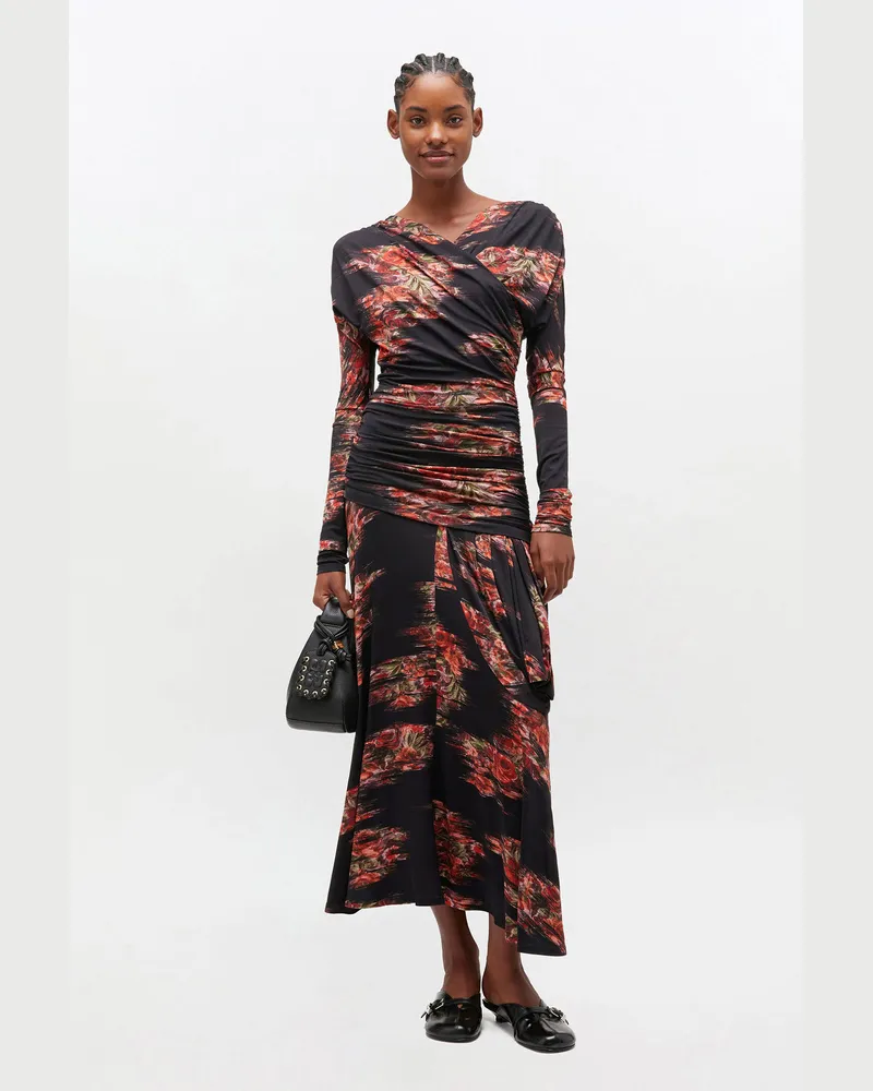 Ganni schwarz Blumenkleid mit Rüschen Elastan - Größe Schwarz